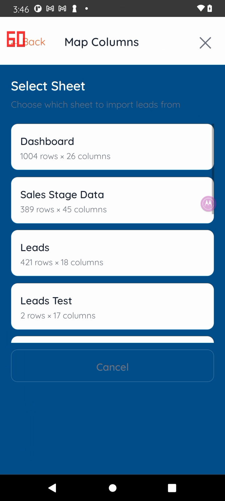 Actual Google Sheets sheet tab selection screen